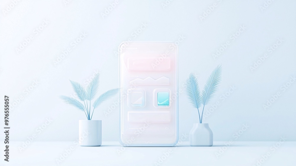 Poster a user interface mockup using glassmorphism, with semi-transparent panels and frosted glass effects,