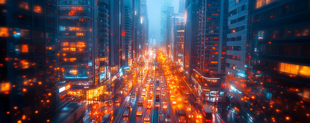 Abstract Illustration of a Busy City Street at Night with Traffic and Bright Lights