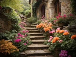 old stone staircase surrounded by a lush garden