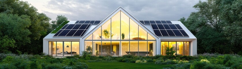 Modern eco-friendly house with solar panels and large windows surrounded by lush greenery, showcasing sustainability and design.