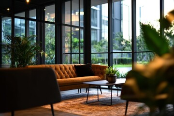 Modern lobby interior with a plush brown leather sofa, a coffee table, and large windows offering city views.  The space is bright and airy, inviting relaxation.