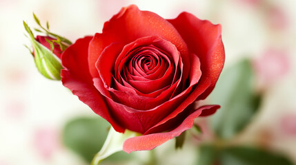 Fototapeta premium A detailed red rose with a soft focus background and green leaves