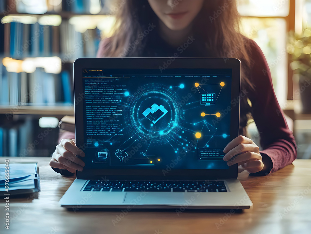 Poster digital transformation technology illustration - woman using laptop with hologram interface showing 