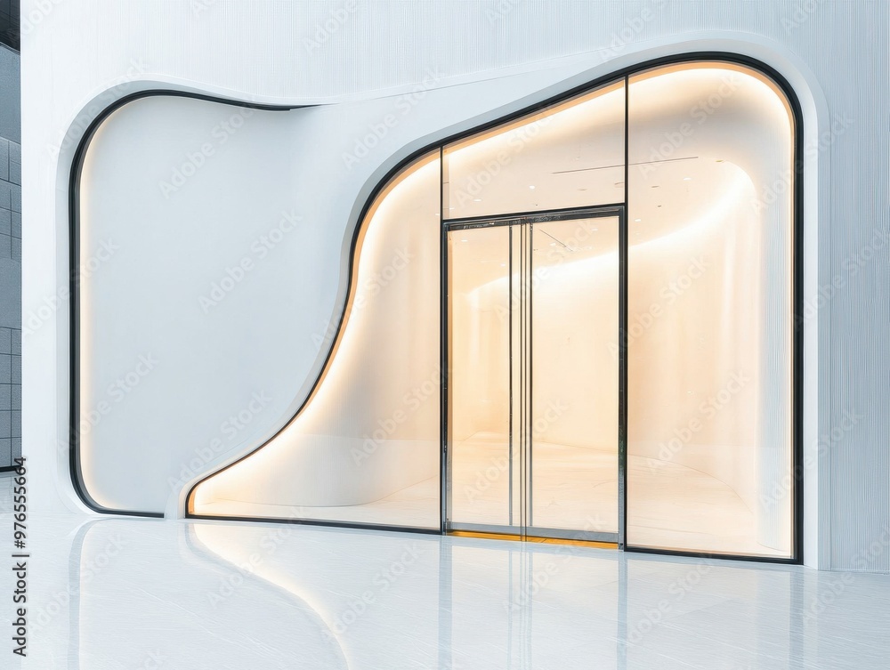 Poster modern minimalist entrance with a unique design and soft lighting, creating an inviting atmosphere f