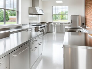 Modern kitchen with stainless steel countertops and appliances, bright natural light, and sleek design for culinary enthusiasts.
