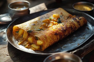 Masala Dosa, A crispy, thin pancake made from fermented rice and lentil batter, filled with a spicy potato mixture, and served with sambar and coconut chutney.