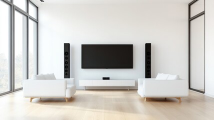 Modern living room with white sofas and large TV, featuring natural light and minimalistic decor for a stylish ambience.