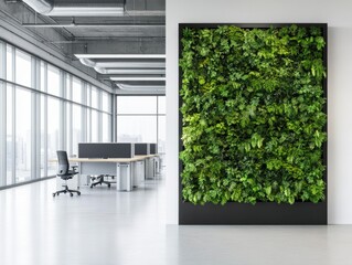 Modern office interior featuring a lush vertical garden wall and spacious work areas bathed in natural light.