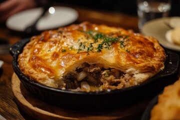 Meat Pie, A hand-sized pie filled with minced meat, gravy, mushrooms, onions, and sometimes cheese, considered a staple snack or meal.