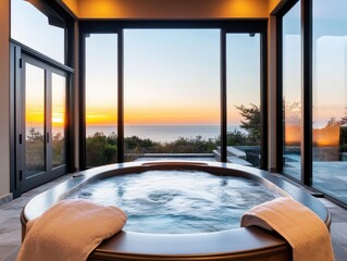 Obraz premium Relaxing spa with a stunning sunset view through glass windows, featuring a luxurious hot tub and comfortable towels.