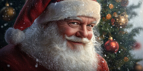 Close up portrait of Santa Claus with Christmas background, generative AI