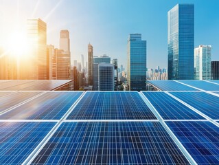 Solar panels on rooftop with city skyline at sunrise, showcasing renewable energy and sustainable urban development.