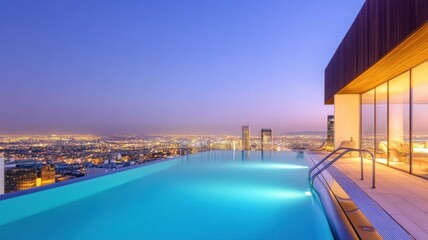 Stunning rooftop infinity pool at sunset, overlooking a vibrant city skyline with gorgeous hues of blue and orange.