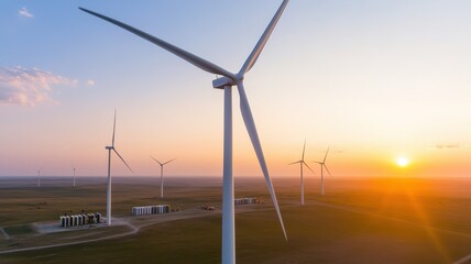 Stunning sunset over a wind farm with towering turbines generating clean energy in an open landscape.
