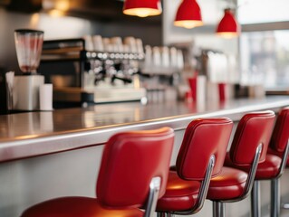 Stylish diner interior with red chairs and retro bar setup, creating a vibrant and inviting atmosphere.
