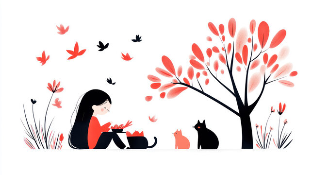 Red watercolor of little girl and her pet cat having a picnic in park