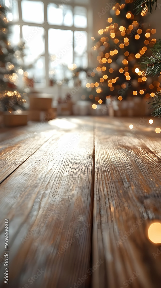 Poster empty wooden table background with christmas tree lights bokeh