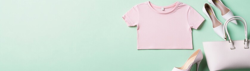Stylish pink crop top with elegant white shoes and handbag on a mint green background. Perfect for fashion-themed projects.