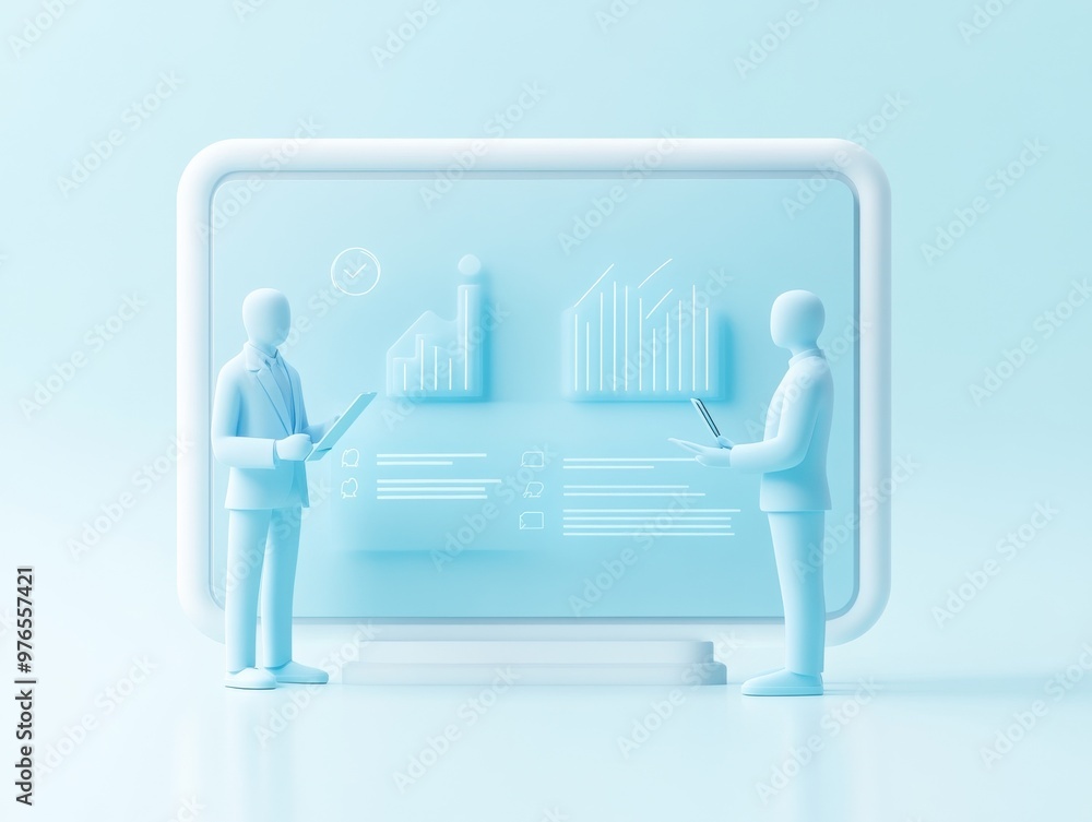 Poster two professionals analyzing data on a digital screen with graphs, showcasing teamwork in a modern of