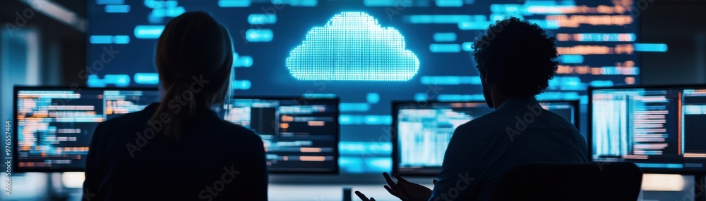 Poster two professionals analyzing data on computer screens, surrounded by digital information and cloud te