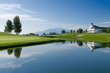 Fototapeta premium Scenic Golf Course with Lake and Clubhouse, featuring lush green fairways, a serene lake, and an elegant clubhouse in the background.