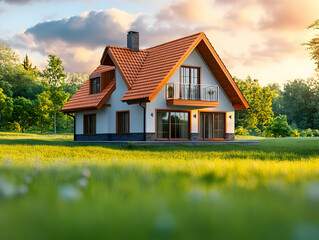 3D Render - Idyllic Suburban Home at Sunset with Lush Green Grass