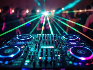 Fototapeta premium Vibrant DJ setup with colorful lights and lasers illuminating a lively party atmosphere.