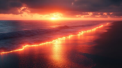 A fiery sunset casts an orange glow over the ocean and beach.