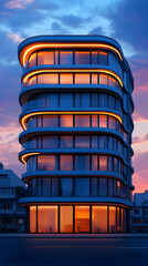 Modern Architecture Illustration - Illuminated Curved Glass Building at Sunset
