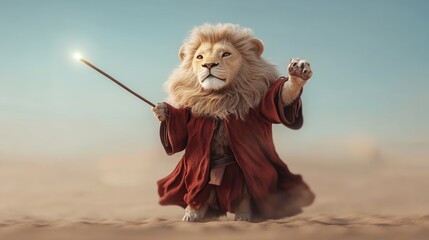 A whimsical lion dressed as a wizard casts magic in a desert landscape, blending fantasy with nature's majesty.