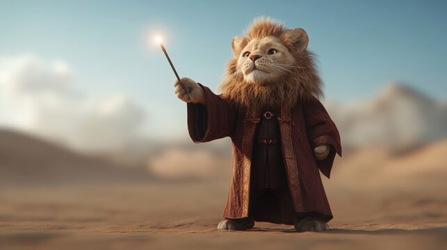 A whimsical lion dressed as a wizard holds a magic wand in a desert landscape, evoking fantasy and adventure.