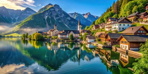 Beautiful village in Austrian Alps with a calm lake and mountains in the background, reflecting the sky , picturesque