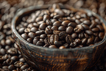 Fototapeta premium The coffee beans on the table and a steaming cup of coffee