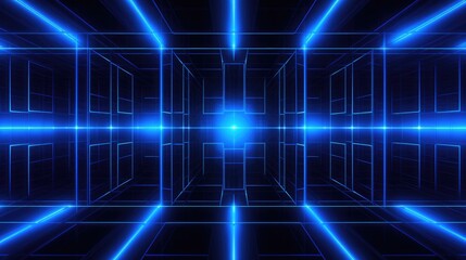 Obraz premium Abstract blue neon light grid with perspective lines and glowing center in dark background.