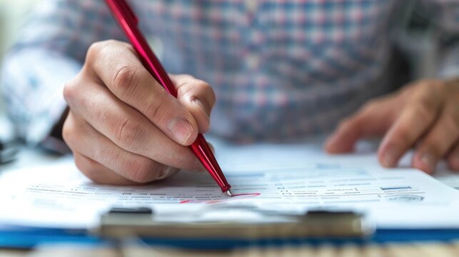 A business professional reviewing and annotating a document with a red pen