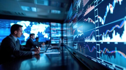 Fototapeta premium A businessman presenting stock market analysis to a group in a boardroom