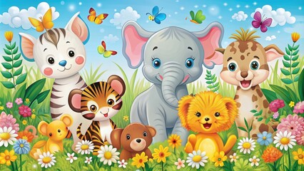 Playful nursery art featuring cute animals like elephant, duck, cat, dog, tiger, and vibrant flower power designs, nursery, art