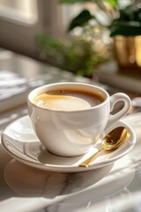 The white cup on the table is filled with fresh coffee