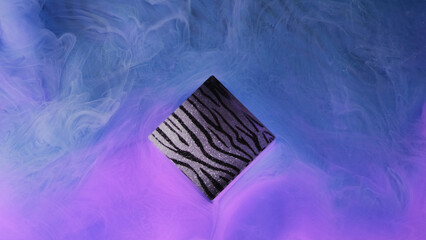 Mist flow. Water blend. Pastel neon blue purple fog mixing curve wave covering glowing zebra pattern black galaxy cube form abstract background.