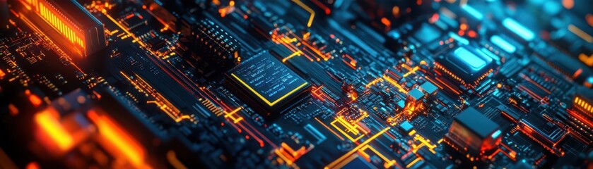 Obraz premium Hightech motherboard with glowing circuits, detailed digital wallpaper for technology concepts