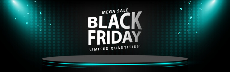 Stage podium design for product display with green neon  spotlight on black horizontal background. Black Friday Sale. Vector illustration.