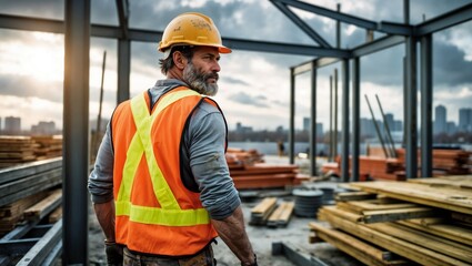 Construction worker in a yellow helmet overlooks a building site.