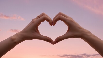 Hands form a heart against a vibrant sunset sky, capturing a moment of love and tranquility.