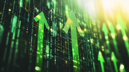Green arrows pointing upwards on a digital background representing growth and success.
