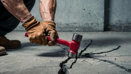 Worker in gloves uses a red hammer to crack a concrete surface.