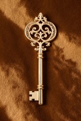 An ornate golden key against a textured brown backdrop.