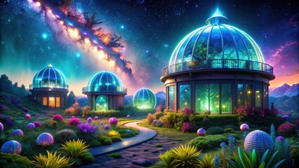 Obraz premium Enchanted observatory with glowing crystals, bioluminescent plants, and electric telescopes, Enchanted