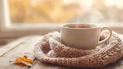 A warm cup of tea sits on a wooden table wrapped in a cozy knitted scarf.