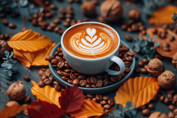 Green leaves and a cup of coffee