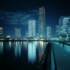Naklejka premium Night view of Yokohama bayside and landmark Tower